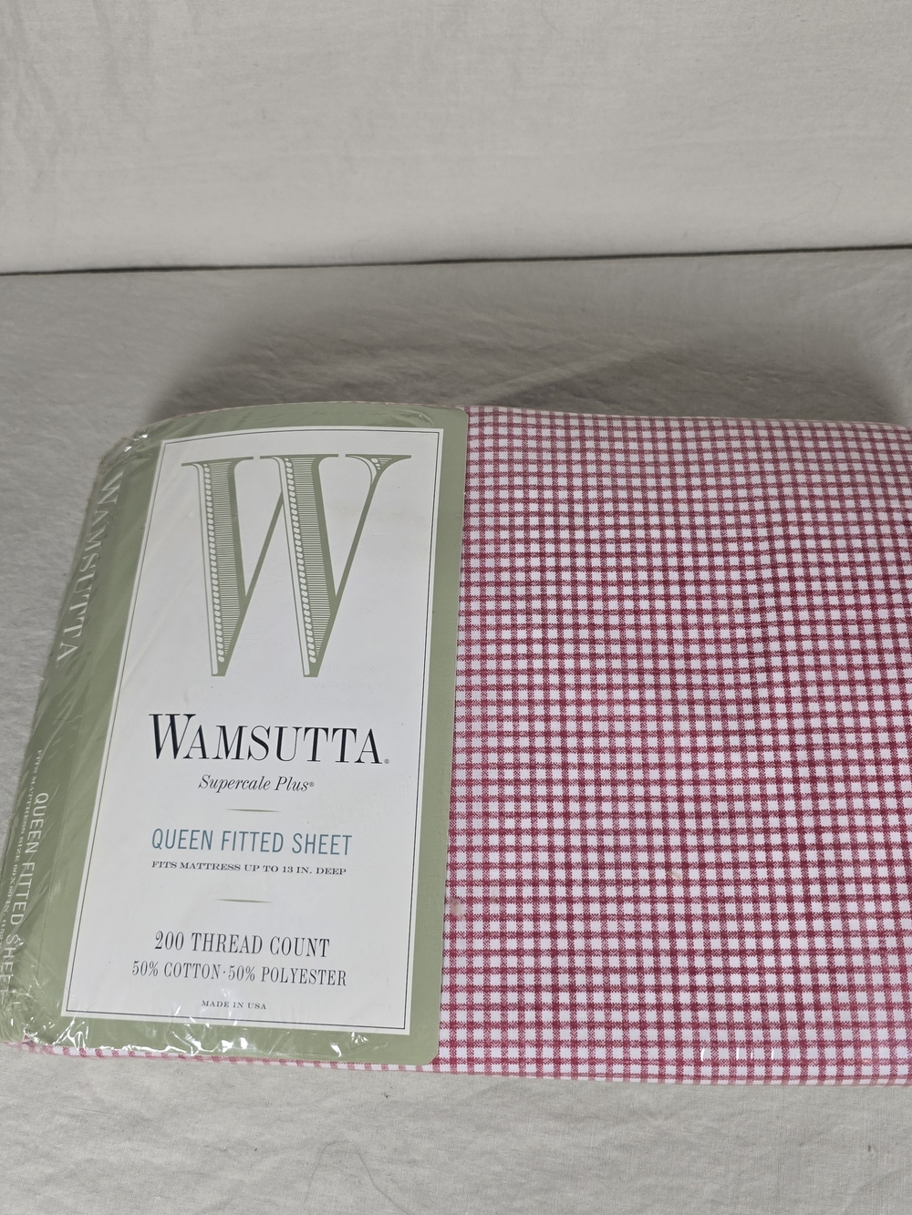 Vintage Wamsutta Supercale Plus Queen Fitted Sheet Pink Gingham NOS USA 200TC